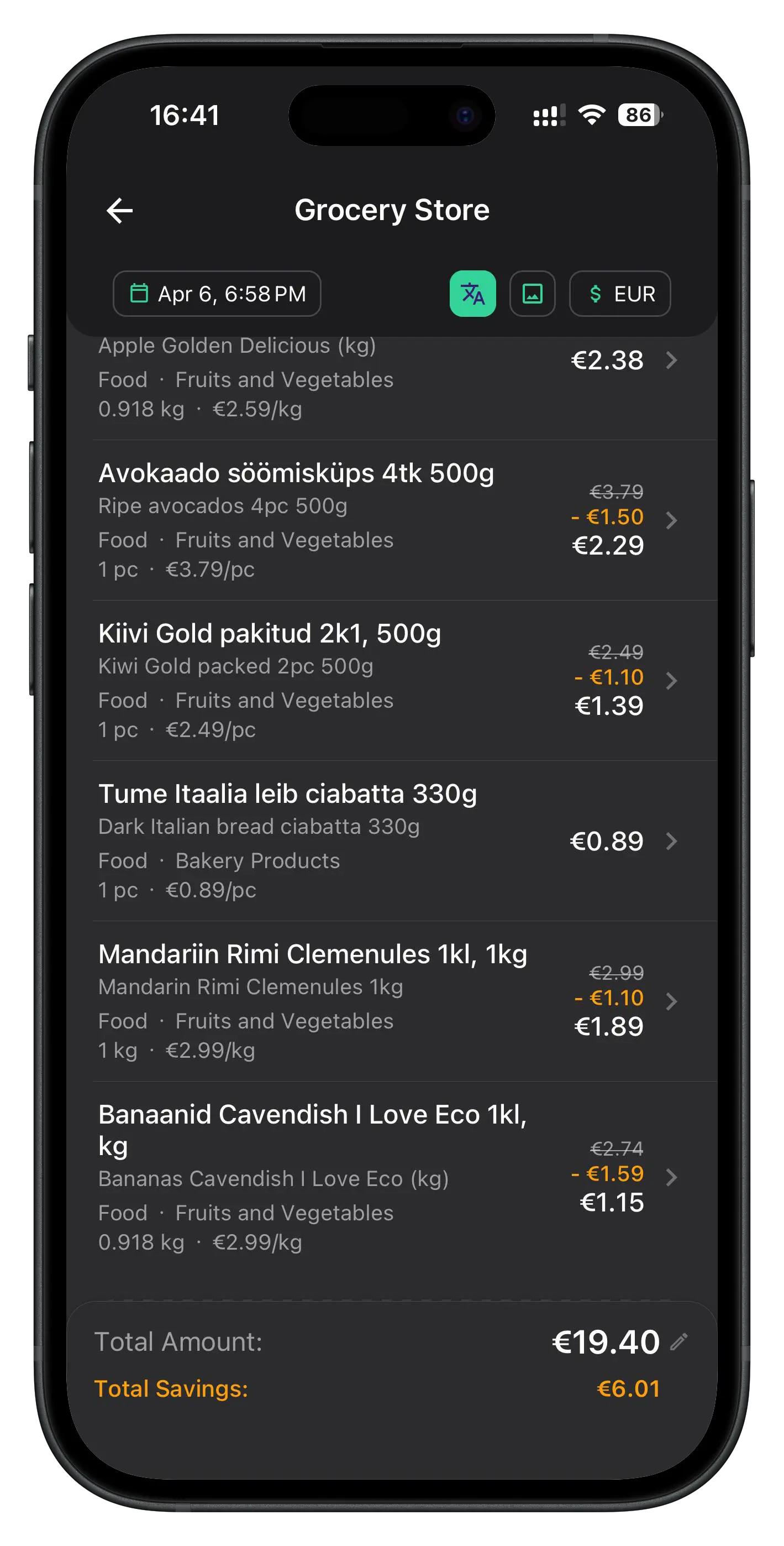 Reviewing extracted receipt items